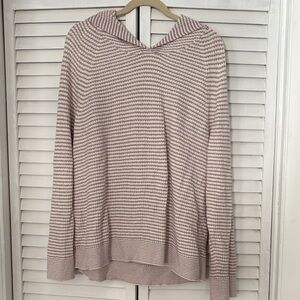 J. Jill Ivory Purple Lavender Striped Pullover Hooded Split Neck Sweater